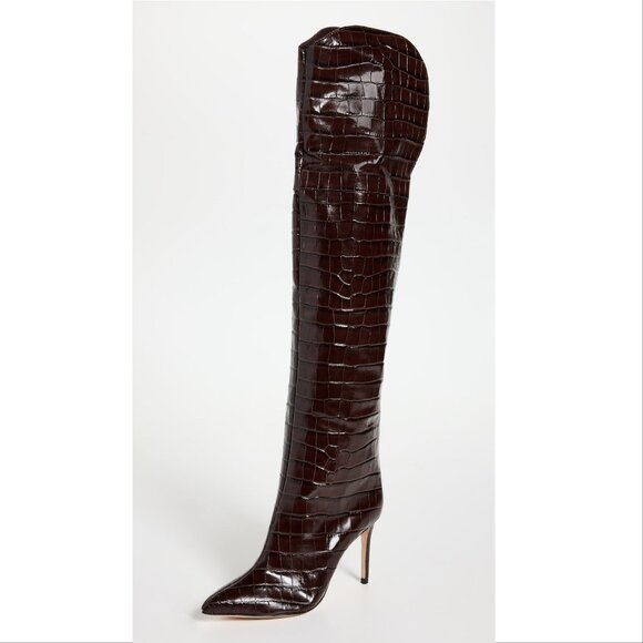 SCHUTZ Maryana Over The Knee OTK Boots Size 5 Chocolate Brown Croc Leather NEW - Picture 4 of 14
